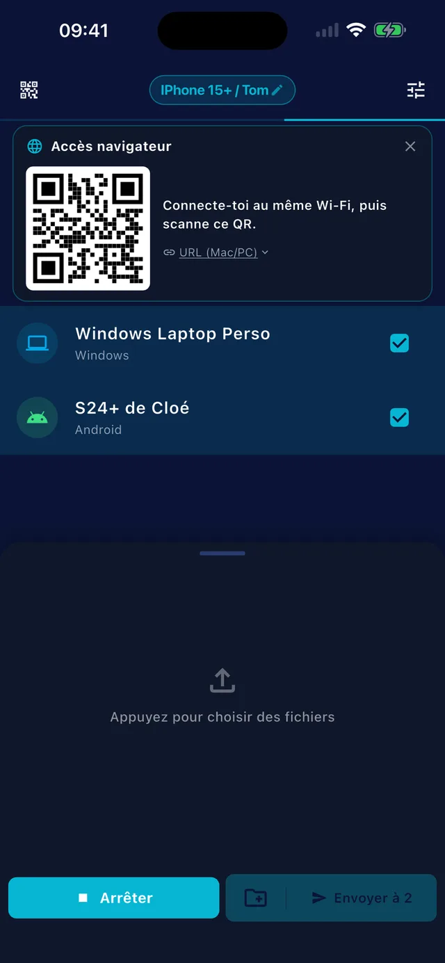 GreySpace on iPhone: QR code and two devices selected